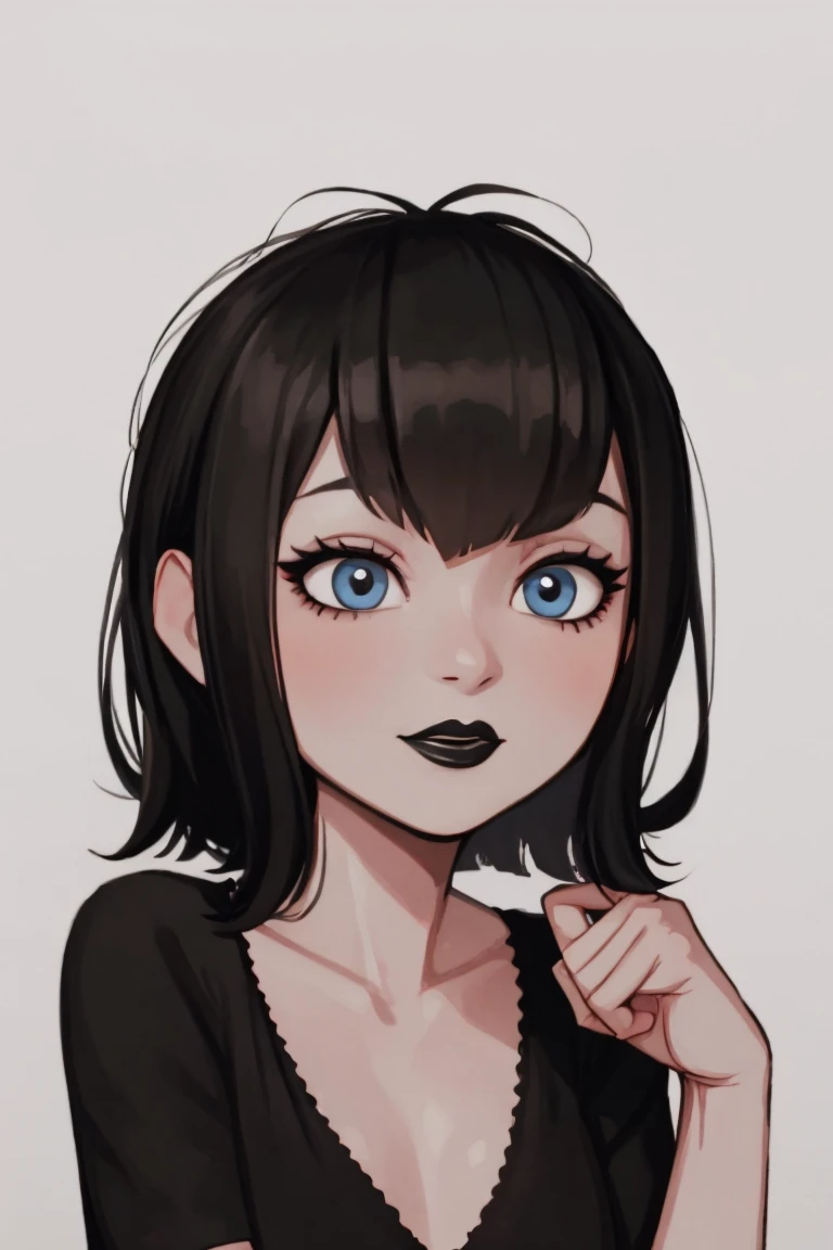 Mavis, white background, black lipstick