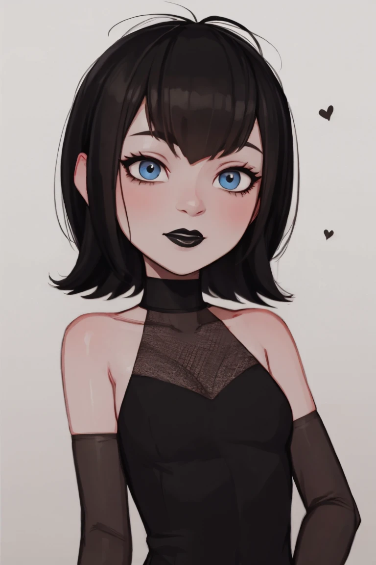 Mavis, white background, black lipstick