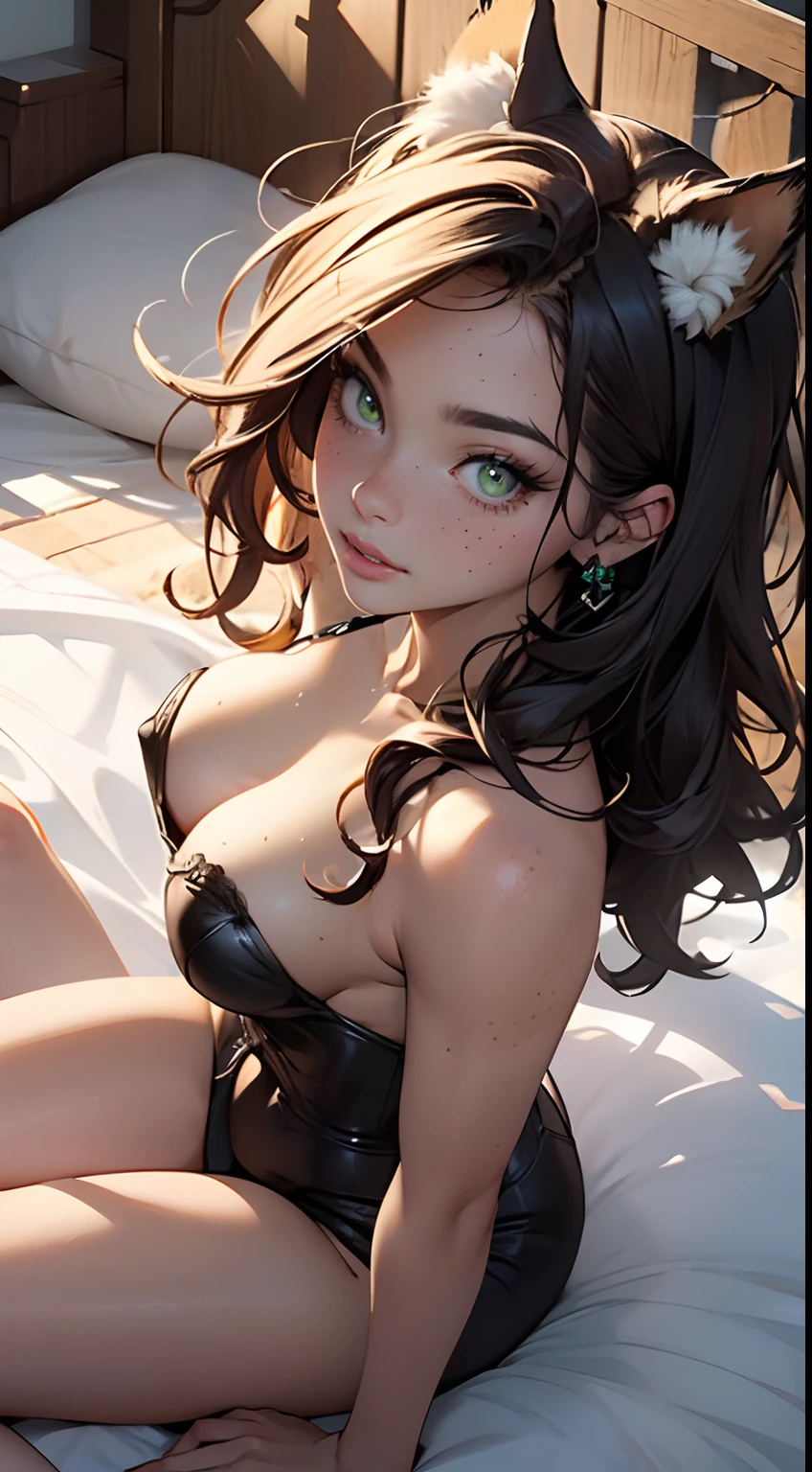 (masterpiece:1.5, best quality:1.5, absurdres), ultra-detailed, perfect anatomy, (hand reference anatomy:1), correct anatomy, 4K, 8K, realistic, detailed face, photorealistic
beautiful woman, extremely long dark hair, fox ears, wild hair, detailed hair, sparkling yellow eyes, eyelashes, blushing, freckles, glossy lips, parted lips, smirk, medium sized breasts, green eyes
red, red corset, Naked waist, naked, legs spread, top view, laying in bed
in bed, depth of field, long shot, girlfriend, full view, full body view