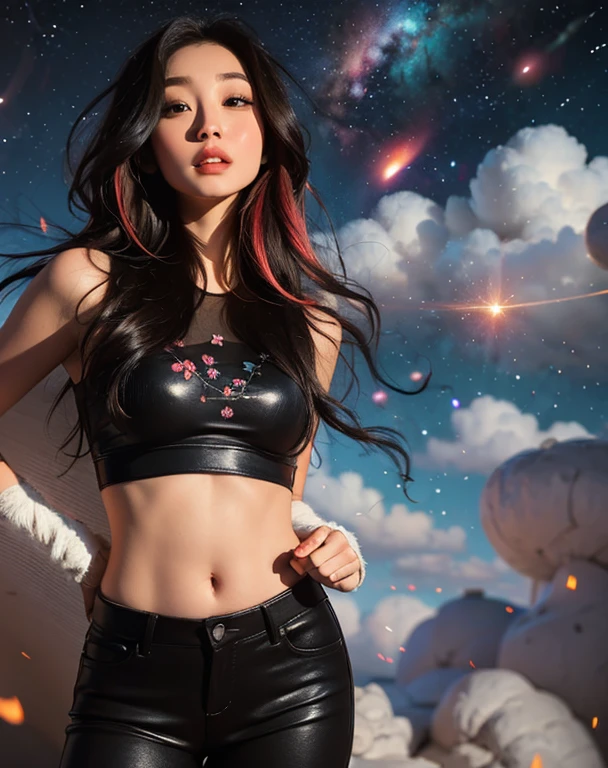 Beautiful face, beautiful body, Girl standing in the clouds staring up as the stars, stars floating around her, brilliant colors, amazing swirls of cosmic dust, colorful vibrant, light particles, Create digital artwork in the Pop Art style, Featuring a vibrant and confident young Asian girl，street fashion (breast), Movie color scheme, Surrounded by vintage flower motifs, Vibrant brushstrokes,Emotions should be dynamic, Upper body, Drawing, illustration, escala cinza, tropical, Many flowers,