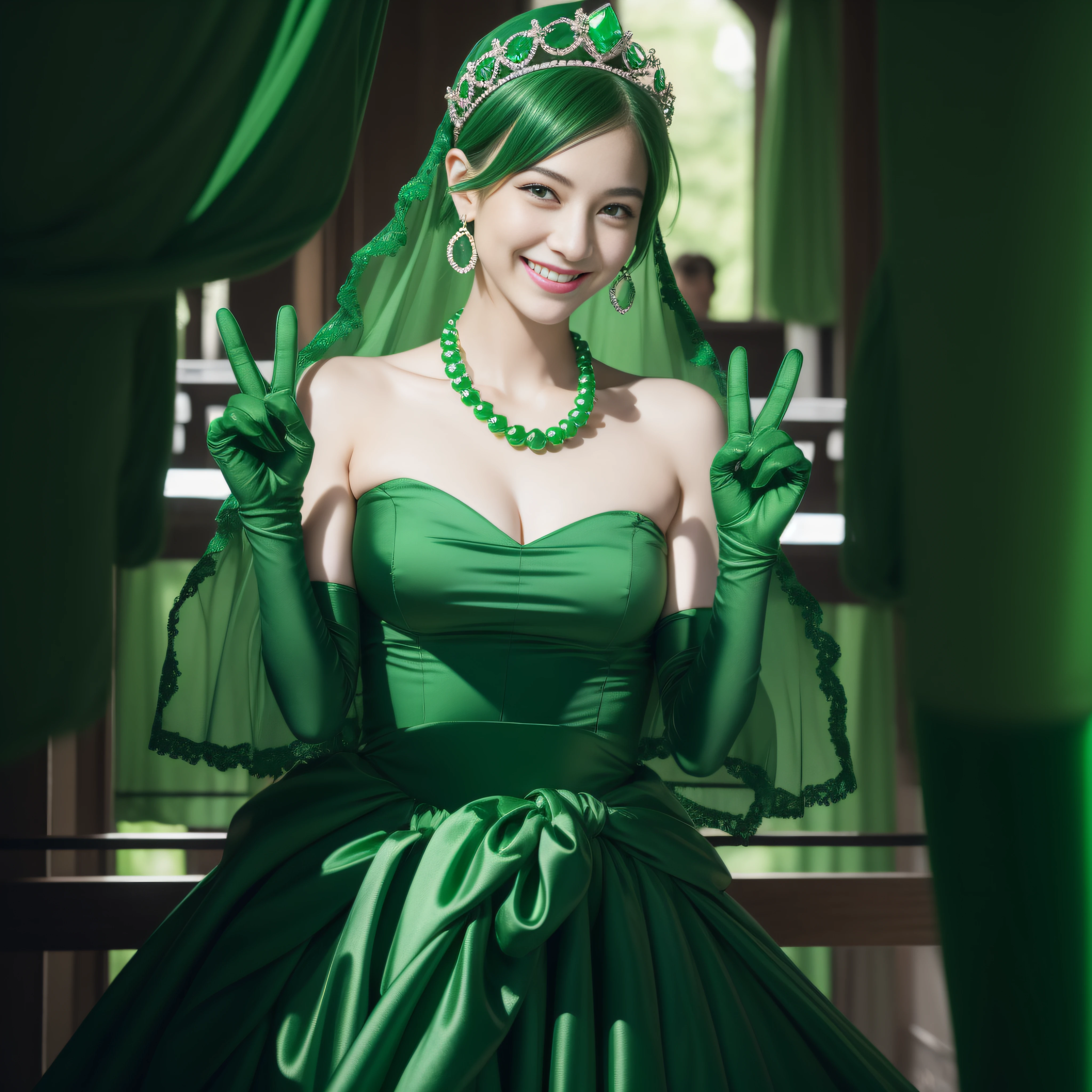 emerald tiara, Green Pearl Necklace, Boyish very short green hair, lipsticks, Japan woman smiling, very short short hair, big breasts beautiful, Green eyes, Long green gloves made of satin material, Green eyes, v sign,V-sign with both hands, Emerald Earrings, Green hair