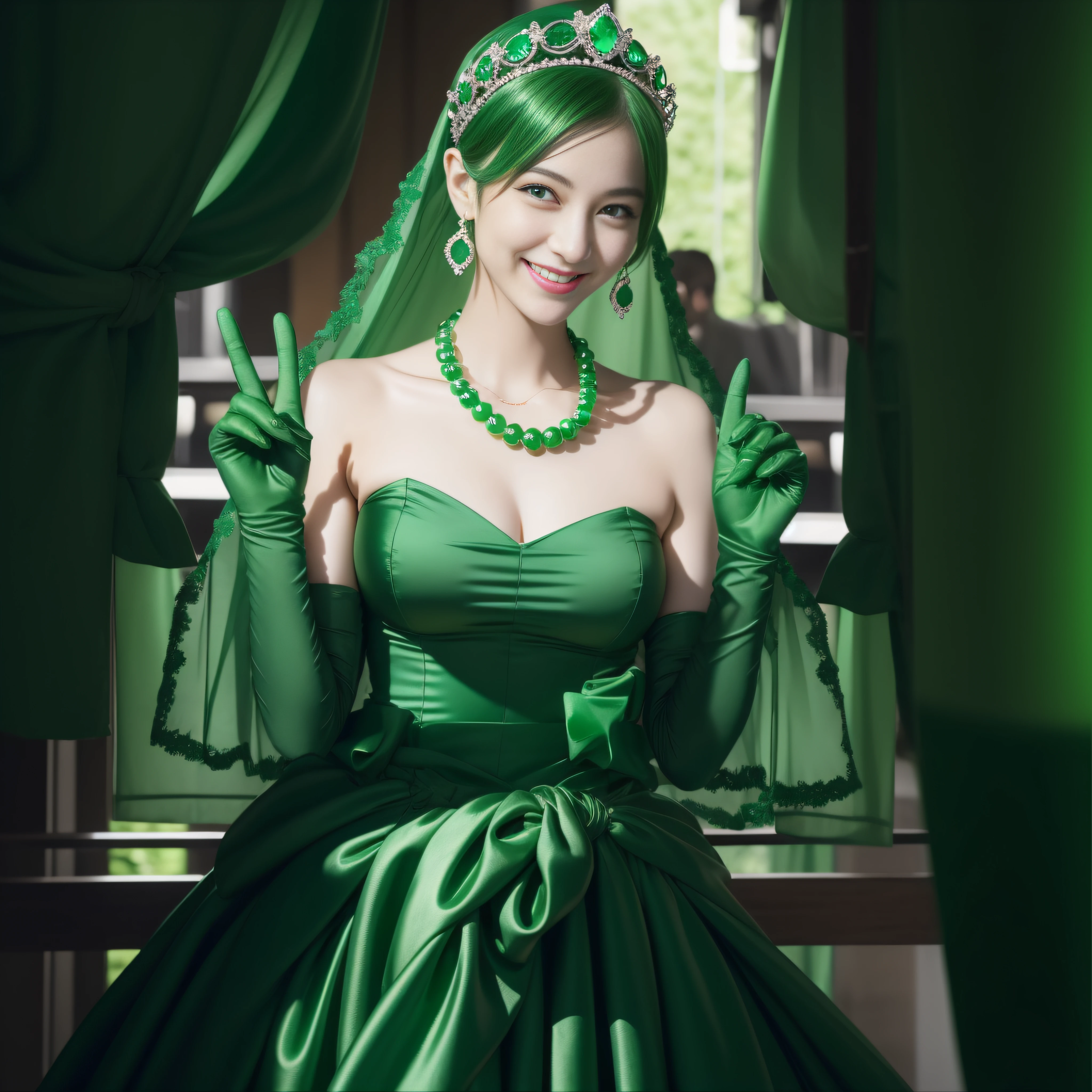 emerald tiara, Green Pearl Necklace, Boyish very short green hair, lipsticks, Japan woman smiling, very short short hair, big breasts beautiful, Green eyes, Long green gloves made of satin material, Green eyes, v sign,V-sign with both hands, Emerald Earrings, Green hair