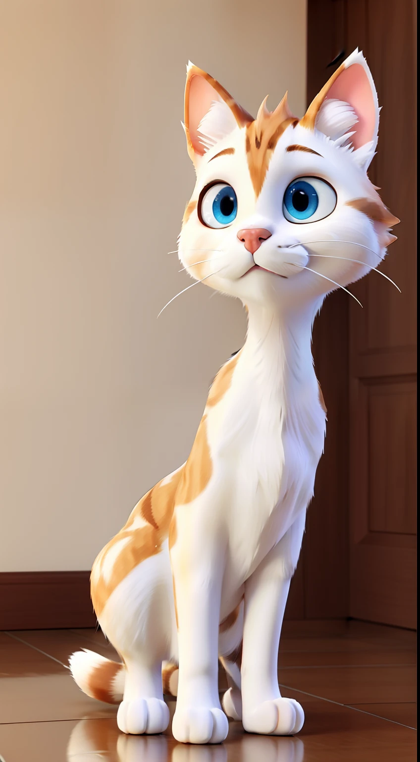 an all-white male cat with caramel-colored details on the face and tips of the ears, the tail has caramel-colored and white stripes, blue eyes