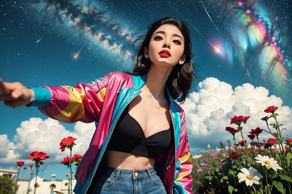 Beautiful face, beautiful body, Girl standing in the clouds staring up as the stars, stars floating around her, brilliant colors, amazing swirls of cosmic dust, colorful vibrant, light particles, Create digital artwork in the Pop Art style, Featuring a vibrant and confident young Asian girl，street fashion (breast), Movie color scheme, Surrounded by vintage flower motifs, Vibrant brushstrokes,Emotions should be dynamic, Upper body, Drawing, illustration, escala cinza, tropical, Many flowers,