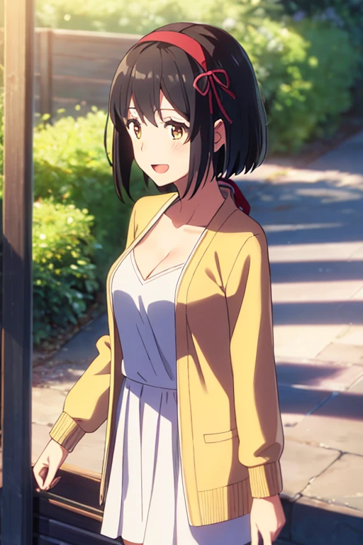 1girl, black hair, short hair, bobbed-hairstyle, red headband with red ribbon, brown eyes, open mouth :D, medium breast, yellow cardigan, open shirt, white dress, cleavage, cute, outdoors, cowboy shot,