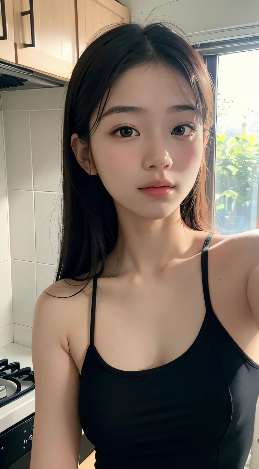 Beautiful Japanese girl, ((top quality, 8k, masterpiece:1.3)), wet white shirt , sleeveless , pretty , 1 girl, medium breasts:1.1, slender figure:1.1, elastic dark brown hair, bathroom tiles background , shower , wet body, wet white clothes:1.1), very detailed face, detailed lips, detailed eyes, double eyelids, from bottom