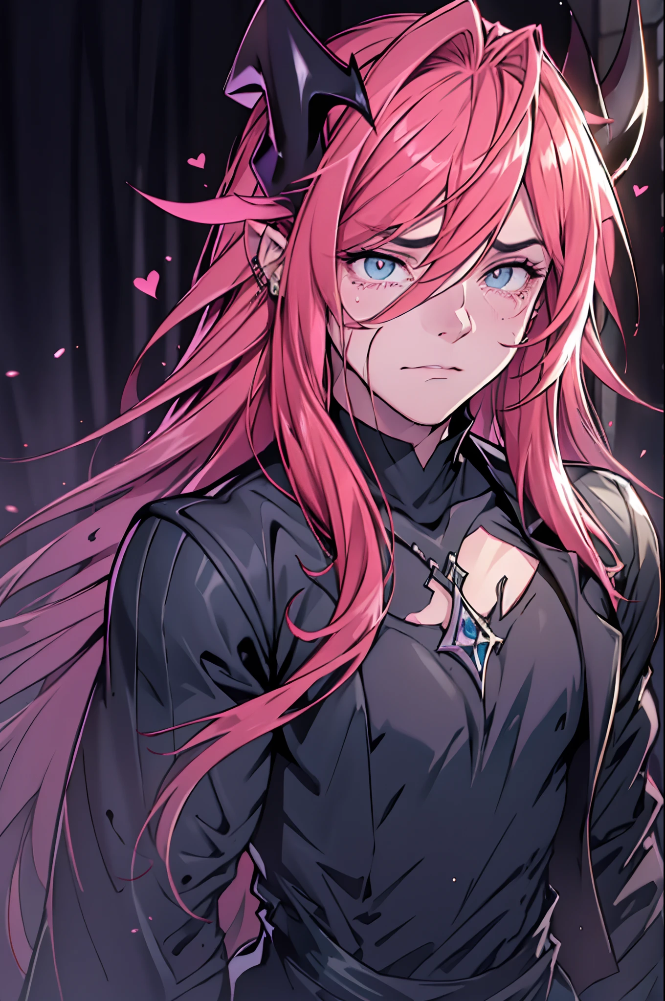 orelhas pontudas, cabelo rosa, Comics, homem, foco masculino, olhos cor-de-rosa, marca facial, Demon Boy, sozinho, cabelos longos, macho, Chifres, parte superior do corpo, demon horns, cabelo entre os olhos,teary,tear,A Sad Heart, choro molhado estourando os olhos, lacrimejando, Streaming tears, Teary,real tears streaming down her face,olhos ultra-detalhados, many teardrops, treasure in tears, Broken Heart, (8k) (HDR)