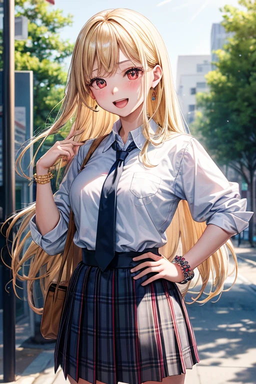 kitagawa marin, 1girl, :d, upper body, bead bracelet, beads, black necktie, blonde hair, blue skirt, blush, bracelet, hand on own hip, jewelry, long hair, looking at viewer, necktie, open mouth, plaid, plaid skirt, red eyes, school uniform, shirt, outdoors, skirt, smile, solo, standing,white background, white shirt, ((masterpiece))