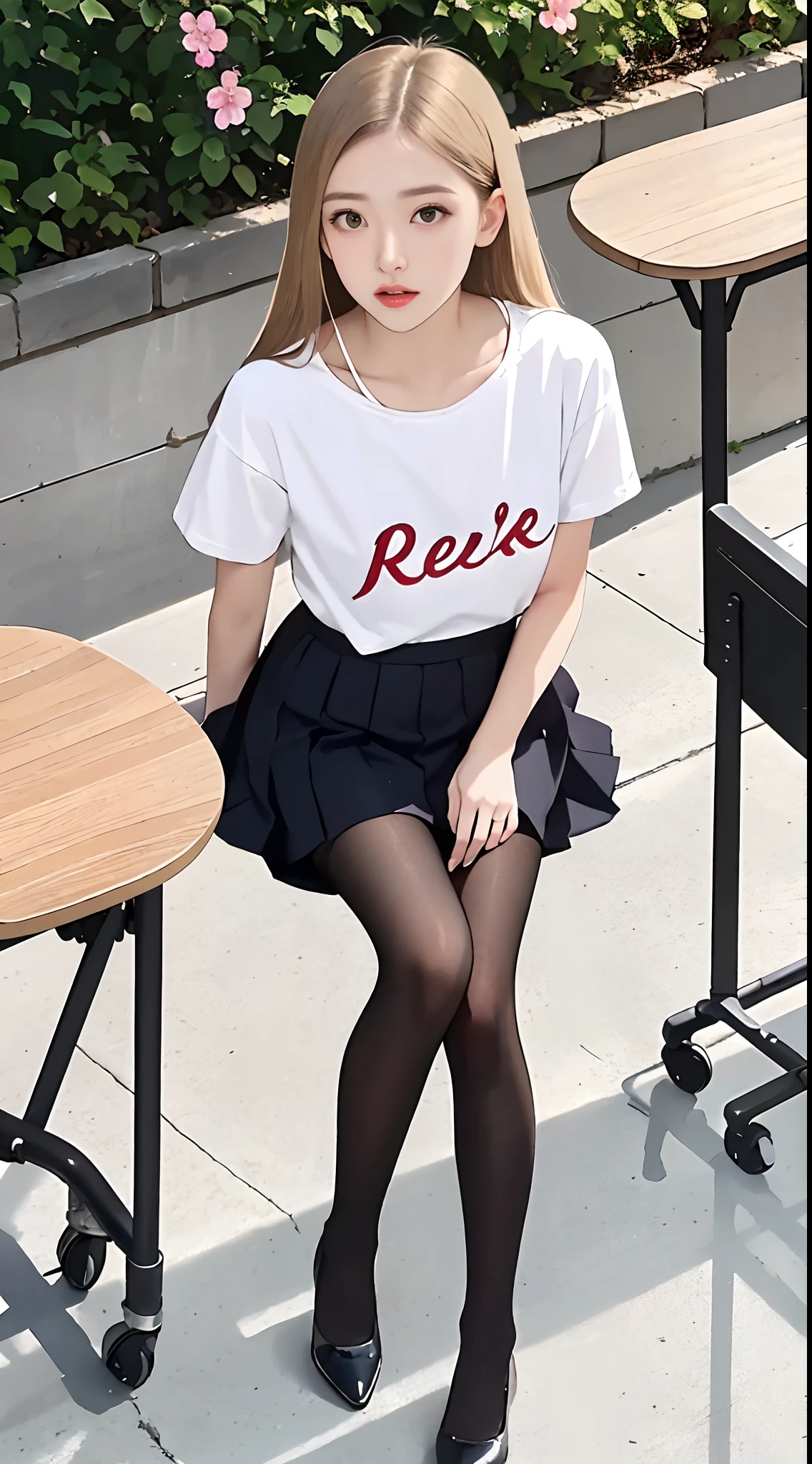 Pre-teen, 16 years old, European, blonde, small breasts, big eyes, long legs, close-up of thighs, t-shirt with deep neckline, skirt tiny pleated, black tights, high heel shoes, Extremely high angle shot, from above the girl, (Reelmech: 1.5), vagina showing, park background, Trees, cherry blossom, mirrored floor with reflections, sitting on school chair , blood on t-shirt, ray tracing, HDR