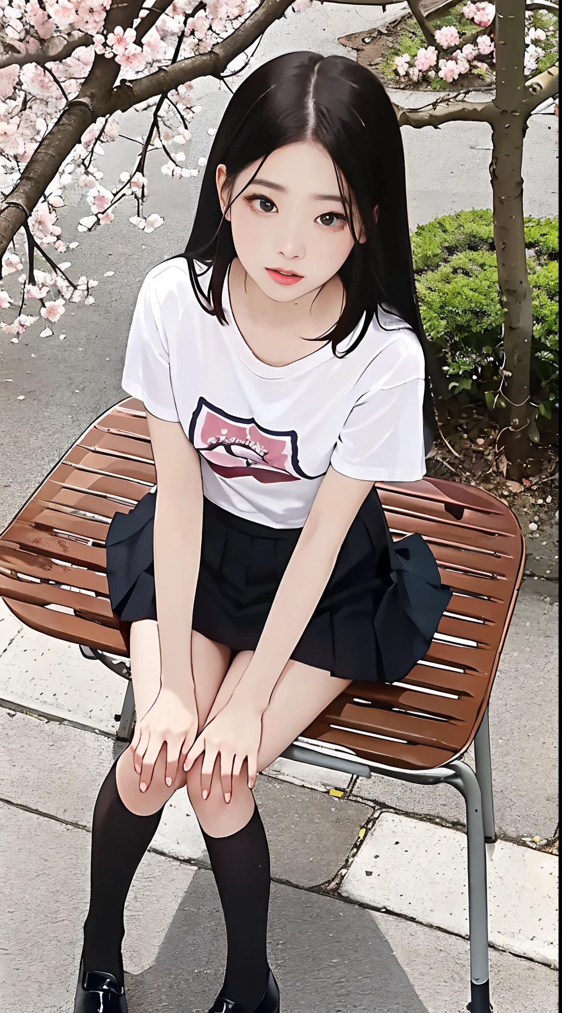 Pre-teen, 16 years old, European, blonde, small breasts, big eyes, long legs, close-up of thighs, t-shirt with deep neckline, skirt tiny pleated, black tights, high heel shoes, Extremely high angle shot, from above the girl, (Reelmech: 1.5), vagina showing, park background, Trees, cherry blossom, mirrored floor with reflections, sitting on school chair , blood on t-shirt, ray tracing, HDR