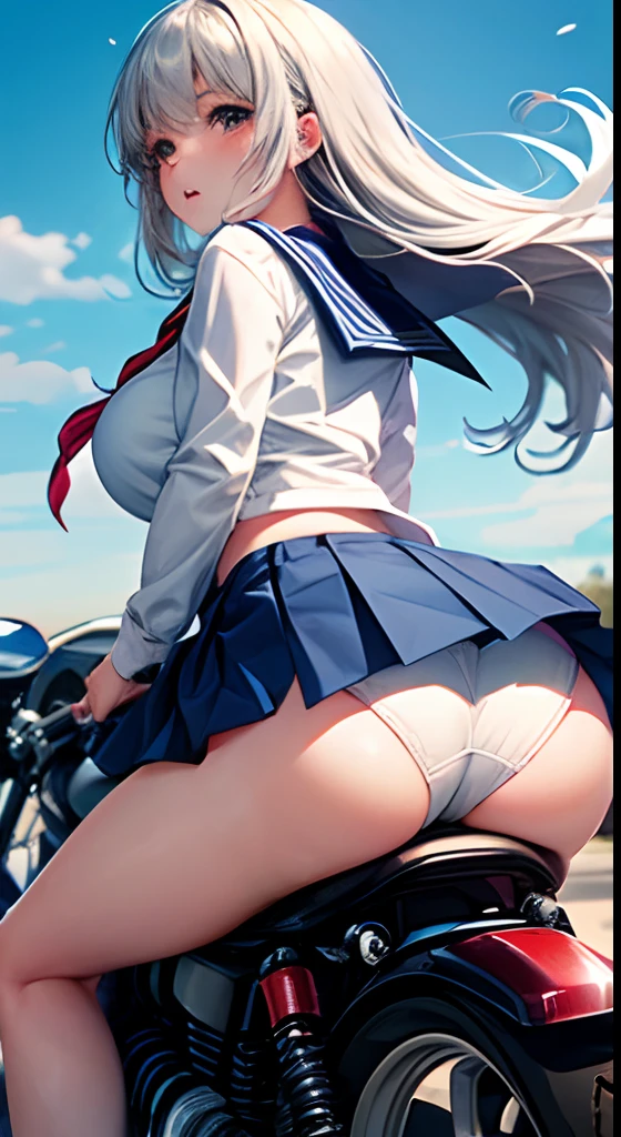 Blue Sport Type Motorcycle, High Girl, Big breasts, White Sailor Uniform, I took off my skirt, White underwear on top and bottom, Fluffy silvery hair, Straddling, Seen from behind, Wind blowing, Anime .masutepiece