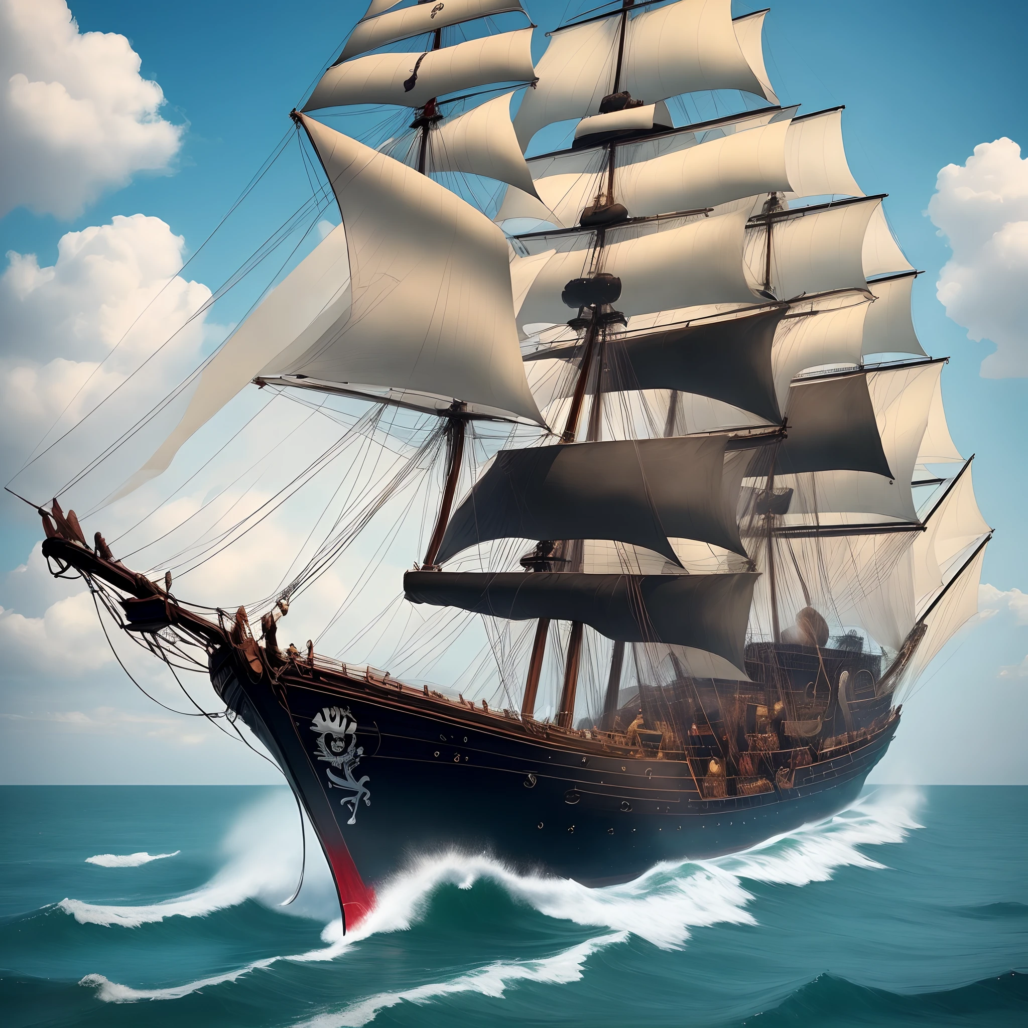 I want a pirate ship that's black with cool white desig, and the name The O might on it.