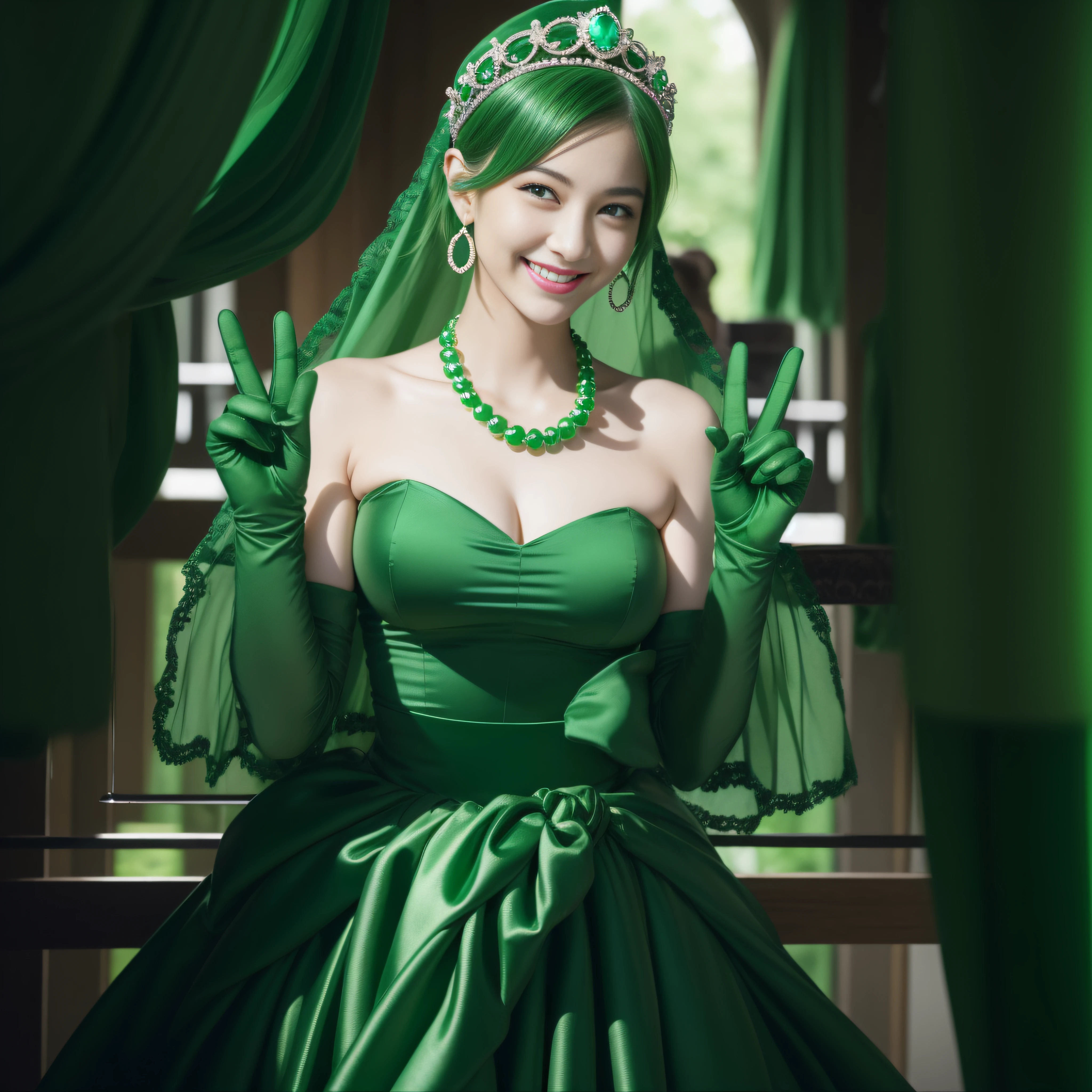 emerald tiara, Green Pearl Necklace, Boyish very short green hair, lipsticks, Japan woman smiling, very short short hair, big breasts beautiful, Green eyes, Long green gloves made of satin material, Green eyes, v sign,V-sign with both hands, Emerald Earrings, Green hair