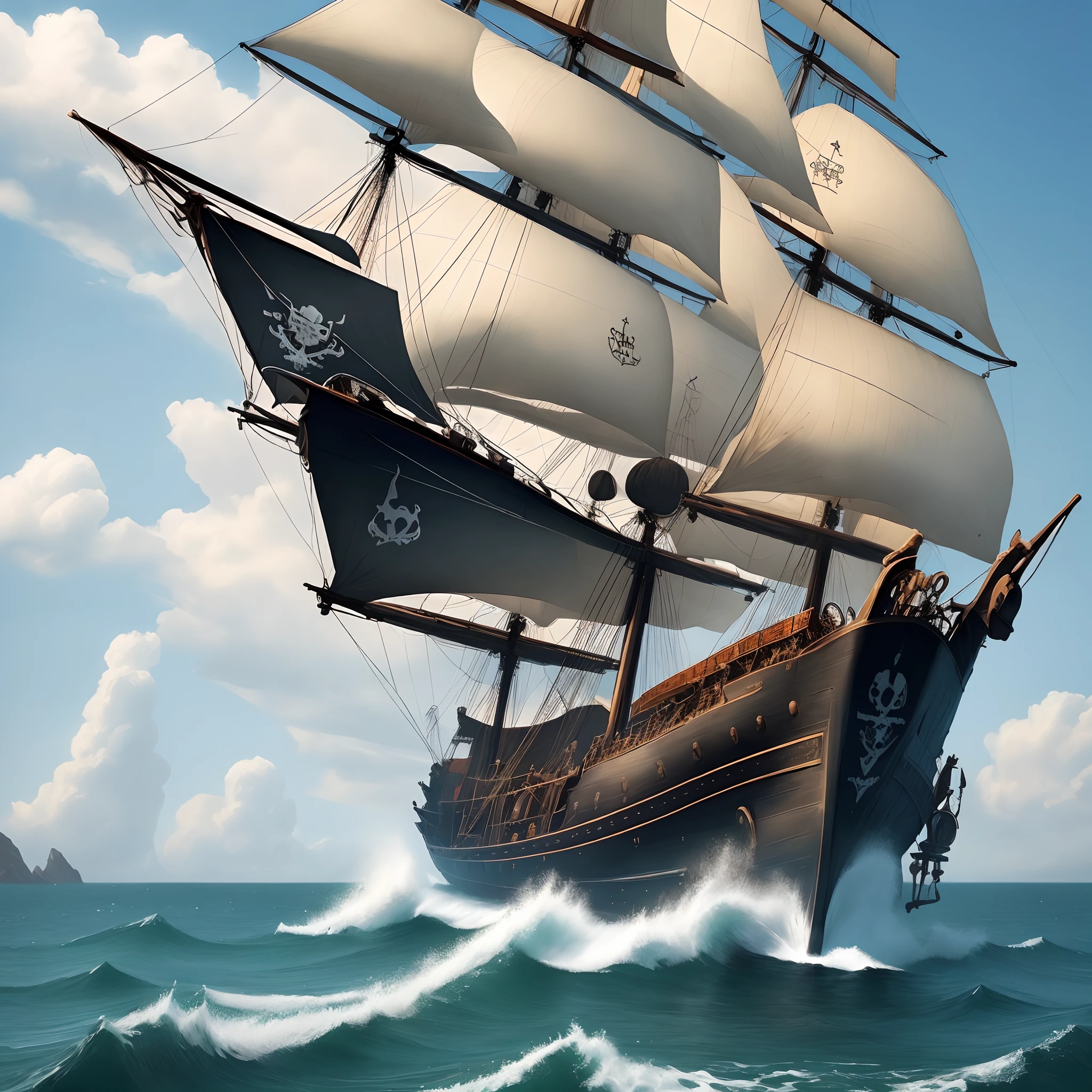 I want a pirate ship that's black with cool white desig, and the name The O might on it.