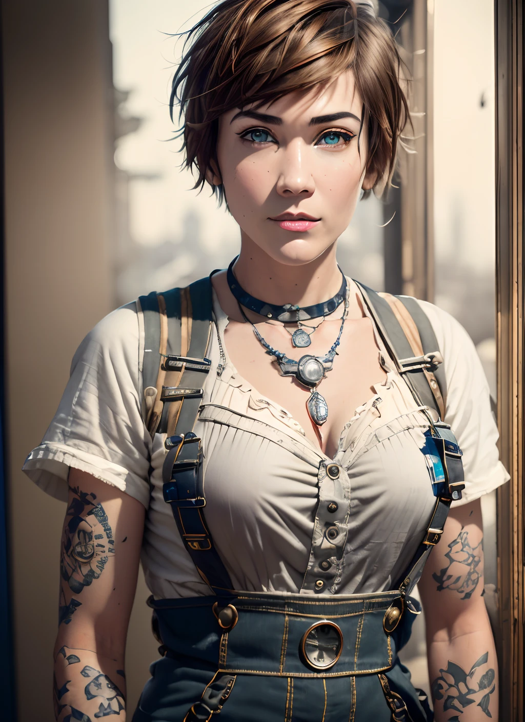 masterpiece, hyper realistic, detailed, best quality, award-winning photo, petite mechanic woman, dark brown hair pixie bob cut, outdoors, steampunk city, steampunk 1890s new york city, wearing overalls, tight white button shirt, tight leather jeans, very small breasts, smaller breasts, super detailed, beautiful and aesthetic, beautiful, masterpiece, best quality, raw, masterpiece, super fine photo, best quality, super high resolution, photorealistic realism, amazing beauty, dynamic pose, vibrant eyes, (from the front), detailed face, detailed complex busy background, messy, highly detailed skin, realistic skin details, sharp focus, 8k uhd, DSLR camera, high quality, photo realism, lomography, huge metropolis in 1890s steampunk city, translucent