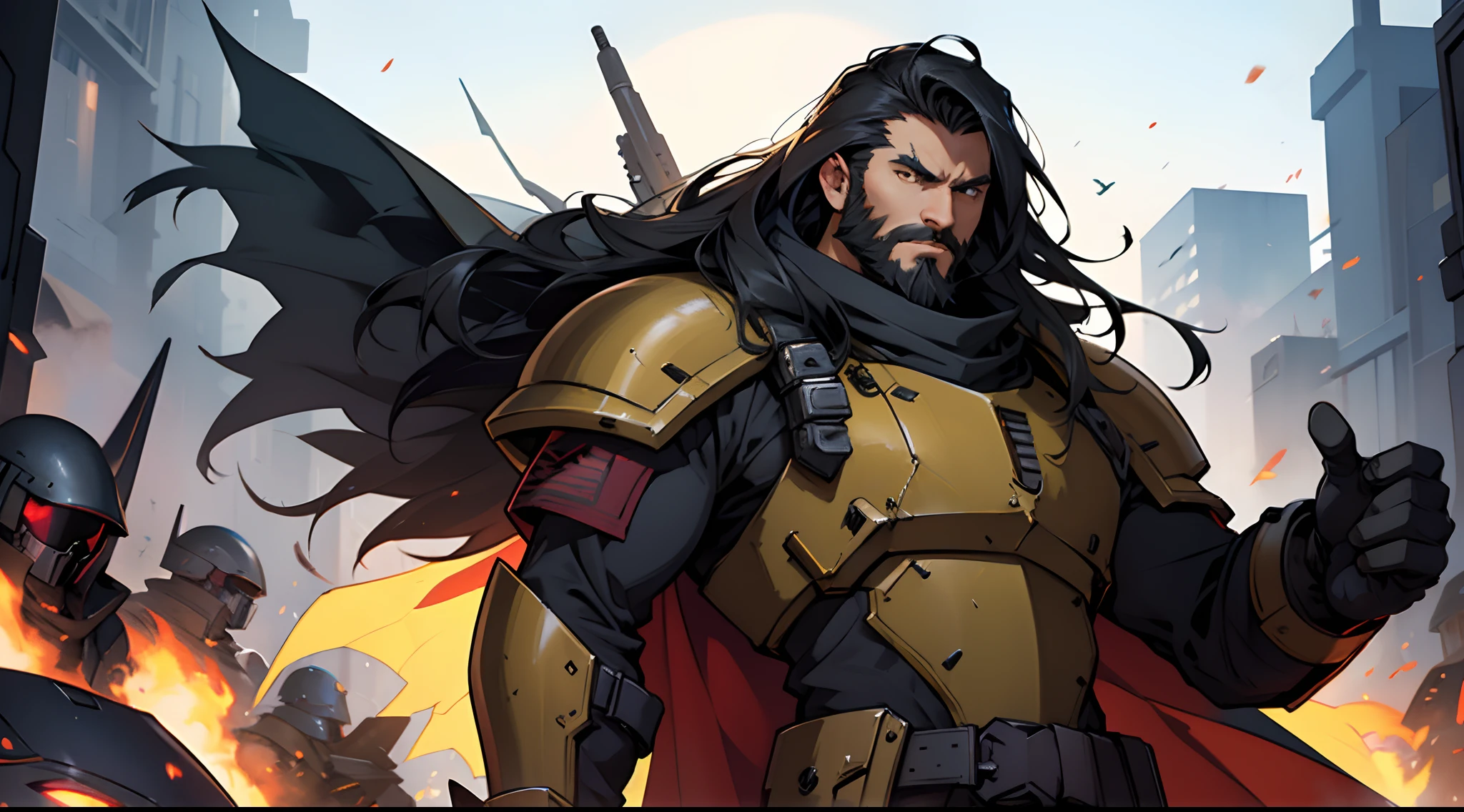 1 Man solo, he has a short black beard and he has long black flowing hair. he is Wearing futuristic armor with a cape. (Helldivers)