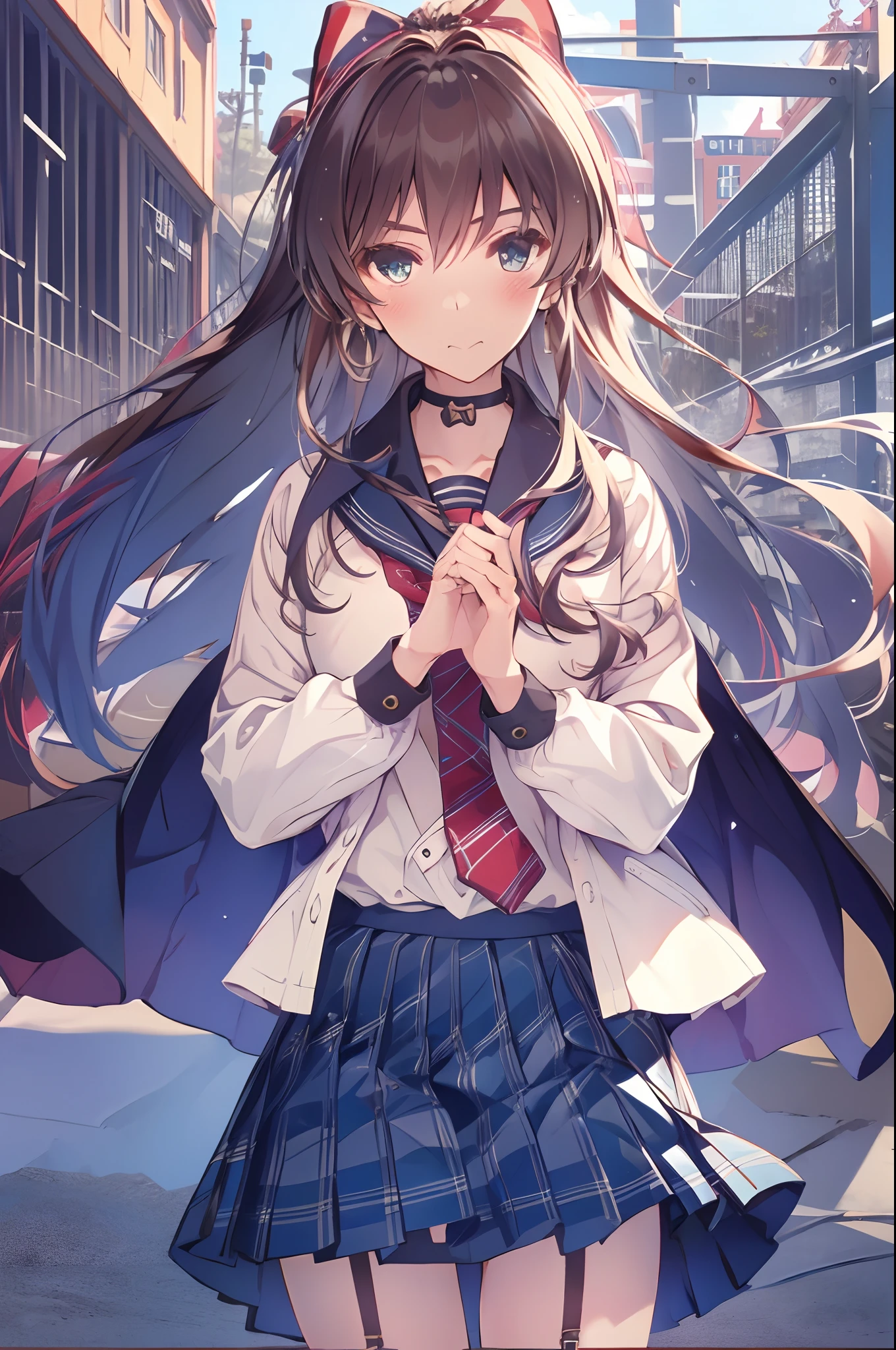 (8K、Raw photography、top-quality、​masterpiece:1.2)、Illustration Touch、ultra-detailliert、超A high resolution、女の子1人、dark brown hair、azure eyes、In the street、High school students、校服、plaid skirts、((Skirts that turn over in strong winds))、(white panties)