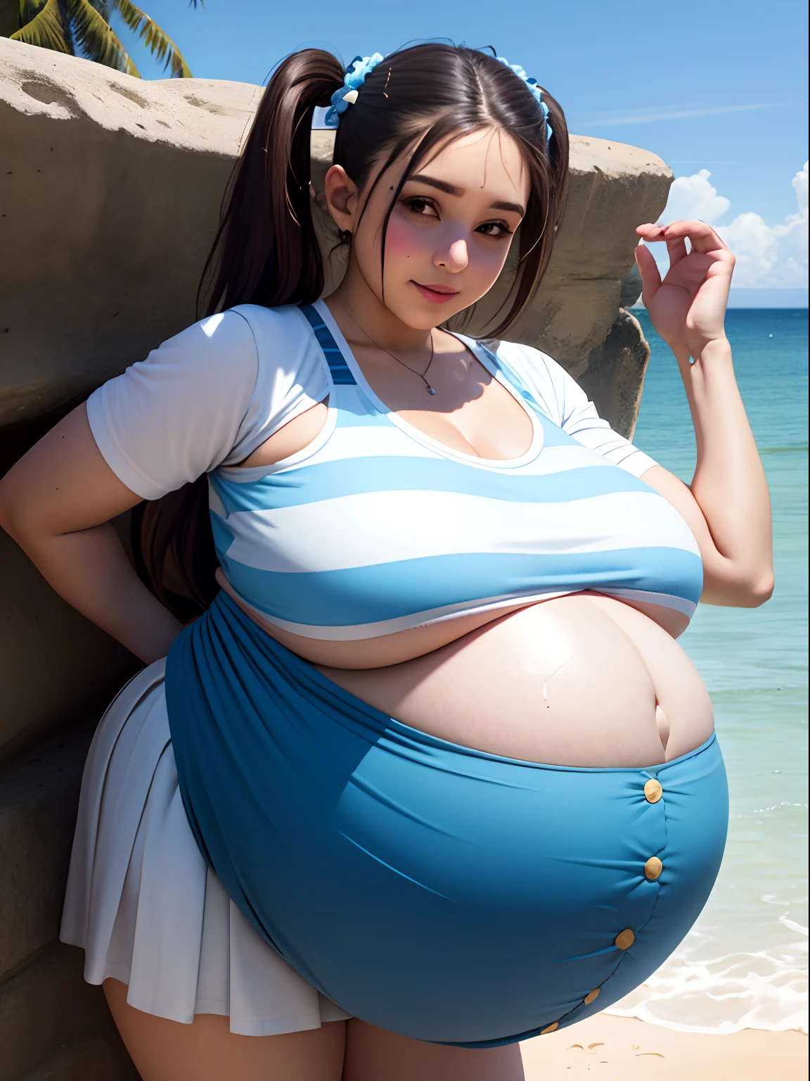 pigtails hairstyle, brown hair,Big Baby Bump pregnant,blue bra and skirt l, Big boobs, nipple, cum,16 years girl, Big pregnant Belly, Big Pregnant girl, Largest Belly of Pregnant, Huge Pregnancy Belly, huge 9 months Pregnancy Belly, background beach, big blue balloons