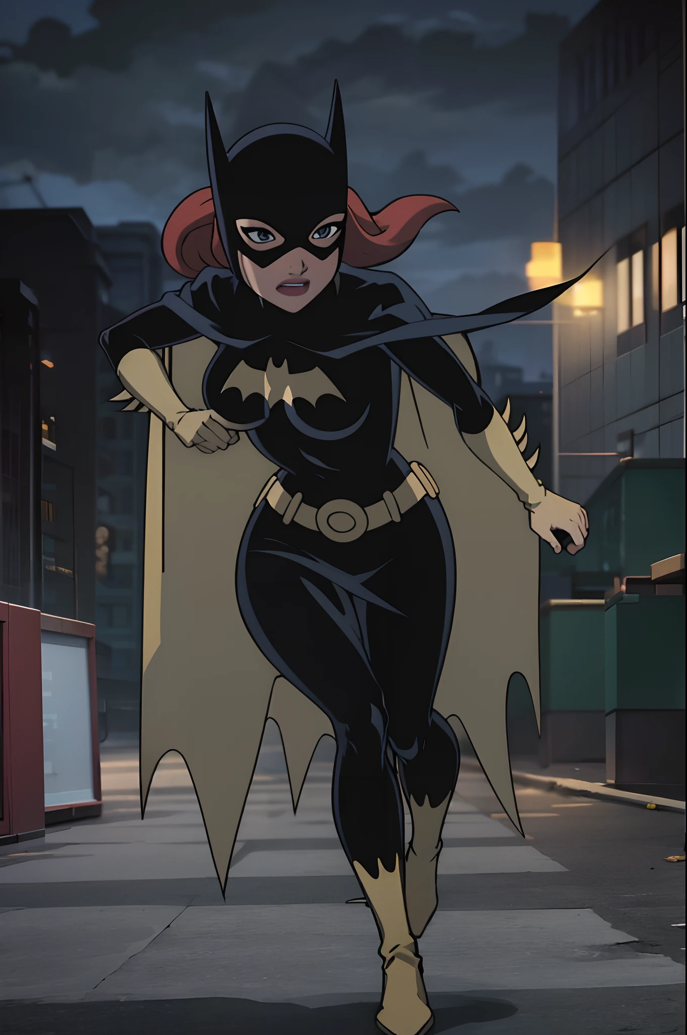 ((Full body view)), Batgitlfit, cabelos muito longos, cabelos ruivos, cabelo entre os olhos, rabo de cavalo alto, Fechaduras laterais, Olhos azuis, Batgirl, roupas brilhantes, impossible bodysuit, Pele apertada, skirt, Olhando para o Viewer sorrindo, (),(pernas musculosas:1.3), ((action pose)), ((She's running through the streets of GothamCity))