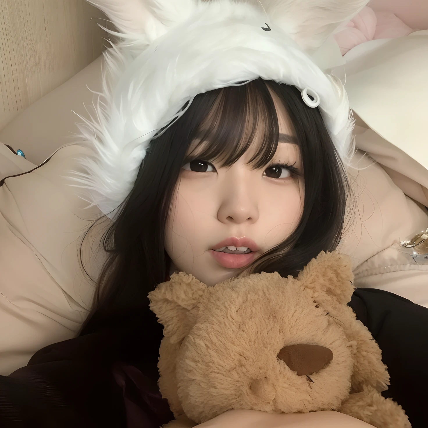 Arafed woman in bunny ears holding a teddy bear on the bed, Ulzzang, with long floppy rabbit ears, franja fofa, com orelhas de coelho, com orelhas de coelho grandes, com orelhas de coelho, Shikami, Ela tem cabelo preto com franja, Chiho, Sakimichan, Jinyoung Canela, Heonhwa Choe, ultrarrealista doce coelhinho menina