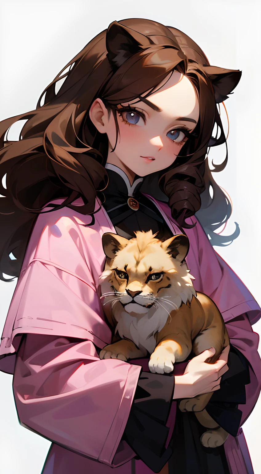 A high resolution,Masterpiece:1.2),Vivid colors,Beautiful detail eyes,beautiful detailed lips,Long eyelashes,Pink coat,Fluffy fur,Cool expression,Grace the lion cub,Let's move on to the camera,on the white background,simplebackground,Holding a lion doll,Look at the front,Turn on the lights,30-year-old royal sister,Sister is cool,Sluggish,The expression is cold, Cool, and dragging, It's uncomfortable,Ling's sharp eyes,Dark brown hair,Curls are slightly larger