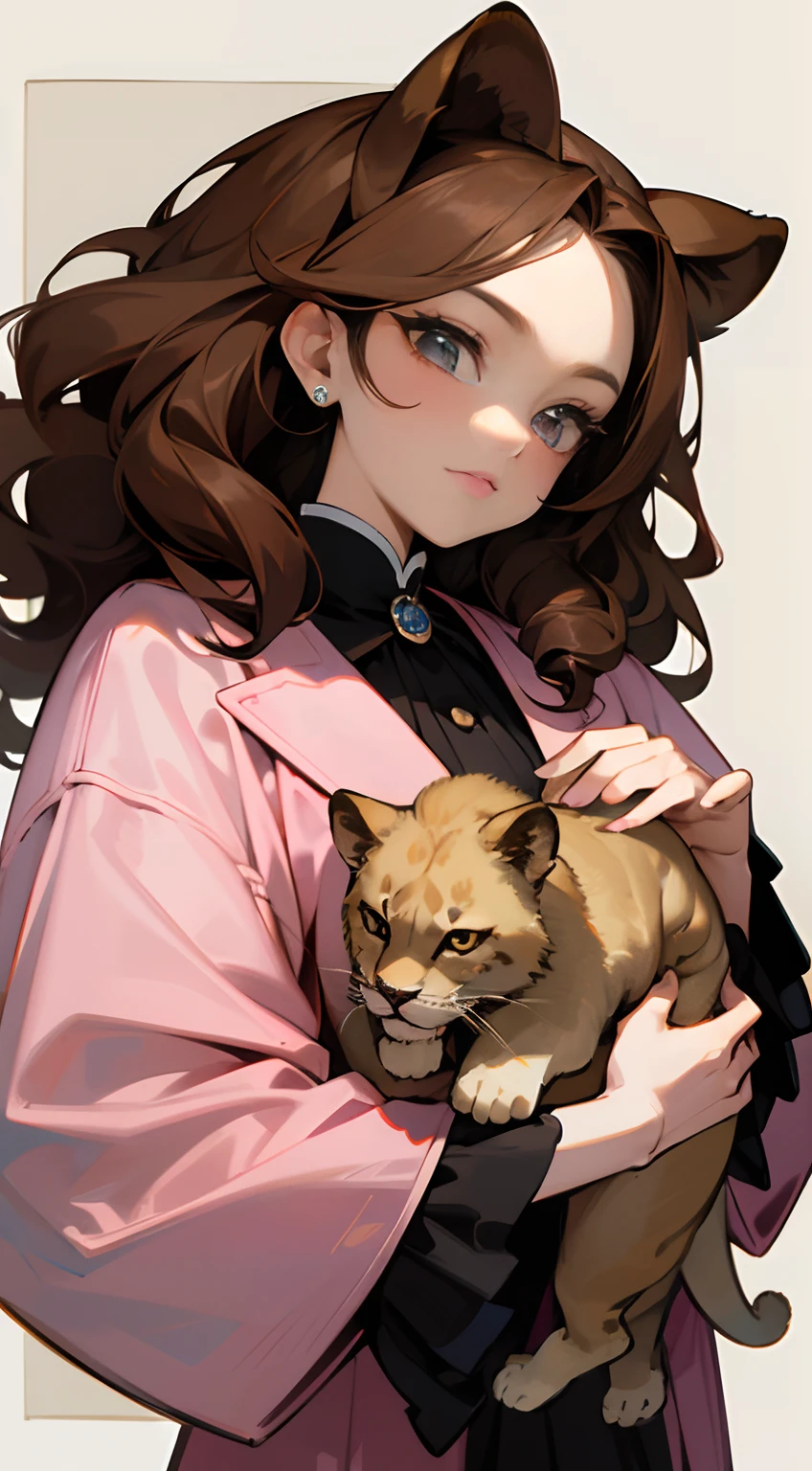 A high resolution,Masterpiece:1.2),Vivid colors,Beautiful detail eyes,beautiful detailed lips,Long eyelashes,Pink coat,Fluffy fur,Cool expression,Grace the lion cub,Let's move on to the camera,on the white background,simplebackground,Holding a lion doll,Look at the front,Turn on the lights,30-year-old royal sister,Sister is cool,Sluggish,The expression is cold, Cool,,Ling's sharp eyes,Dark brown hair,Curls are slightly larger