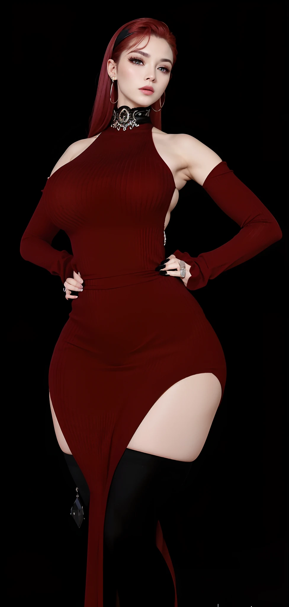 Mulher ruiva, olhos azuis, vestido vermelho, gargantilha preta, bota preta, pele clara, brincos cor prata de cruz, Hand on waist, perna cruzada, unhas pretas.