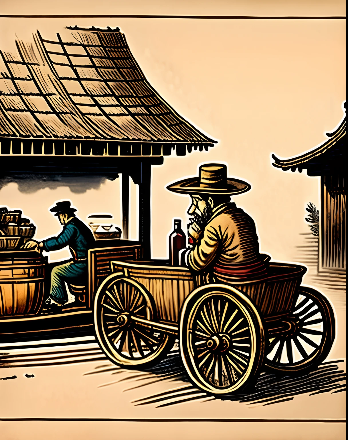 Draw a Chinese struggling to pull a rickshaw,The man was covered in tubes, and blood was being pumped from his body into a nearby bottle,The bottle is placed on a dining table next to it,There are other delicacies on the table,A man in an official hat was drinking freshly drawn human blood from a wine glass