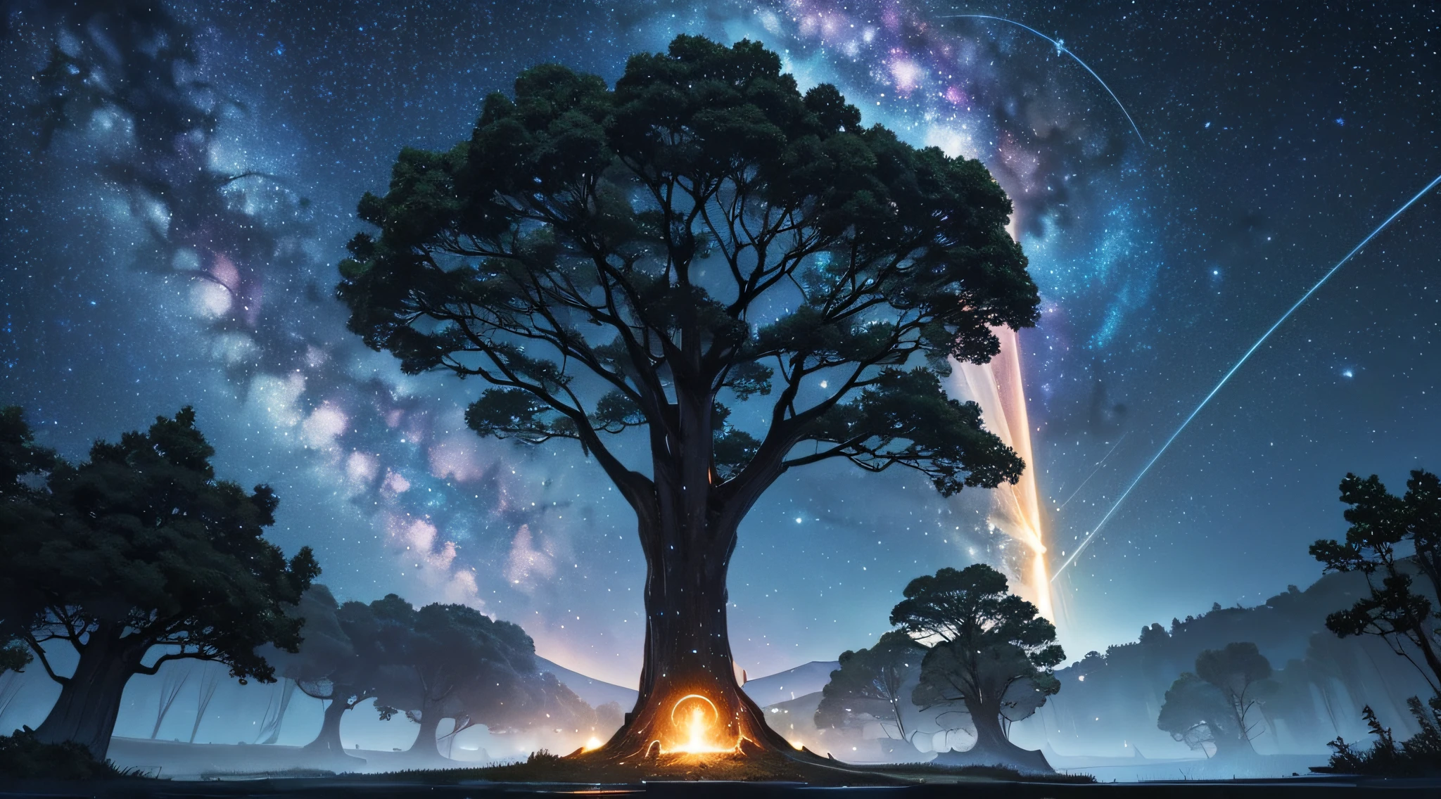masterpiece、Background with((Fantastic starry sky、meteors、black hole))、Depth((Huge fantastic tree、Luminescent vegetation、Duan))、Looking up