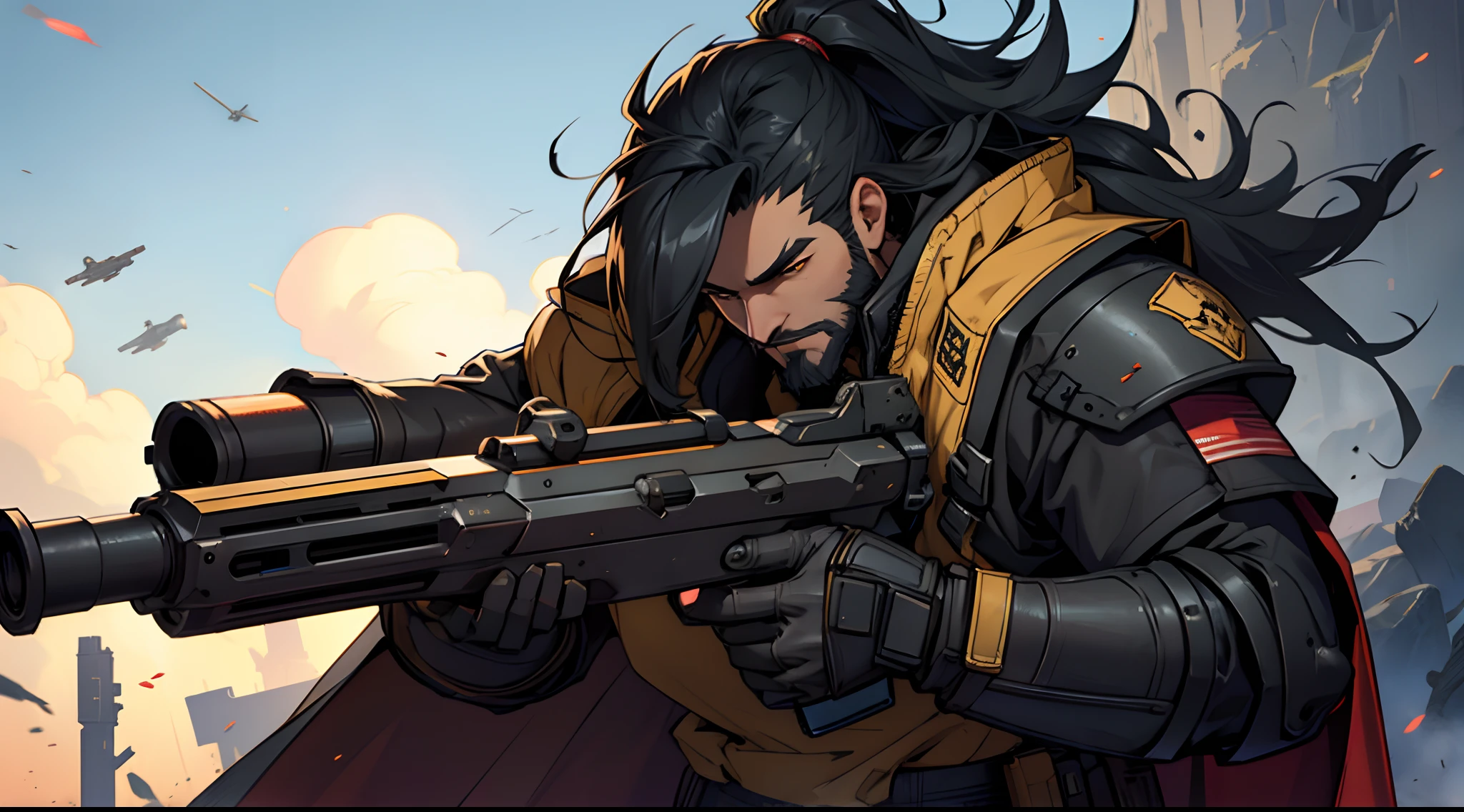 1 Man solo, he has a short black beard and he has long black flowing hair. he is Wearing futuristic armor with a cape. (Helldivers) Holding a rifle. shooting a gun.