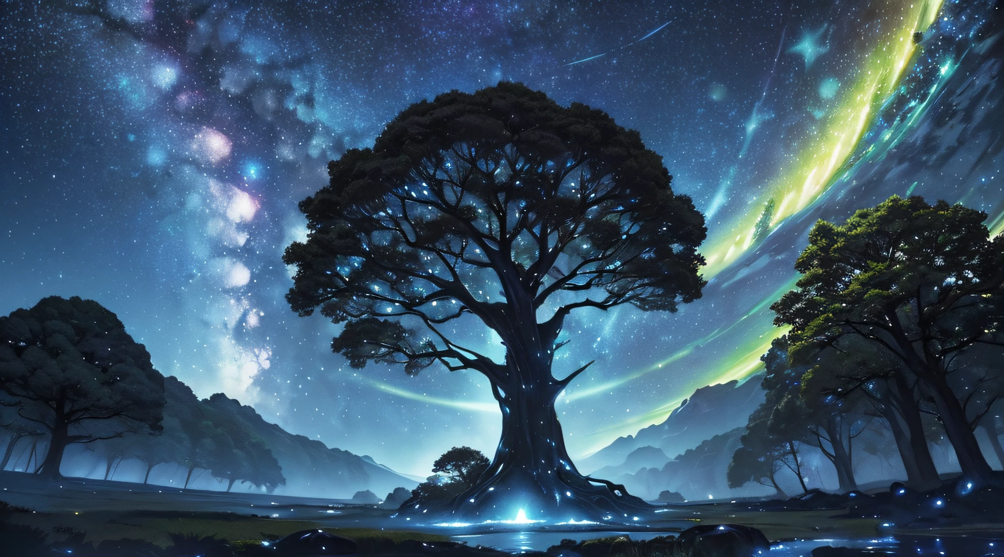 masterpiece、Background with((Fantastic starry sky、meteors、black hole))、Depth((Huge fantastic tree、Luminescent vegetation、Duan))、Looking up