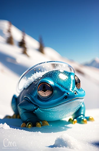 Ice Frog corpo feito de diamantes transparentes, Andar de quatro na vista da neve de baixo para cima