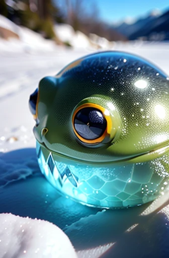 Ice Frog corpo feito de diamantes transparentes, Andar de quatro na vista da neve de baixo para cima
