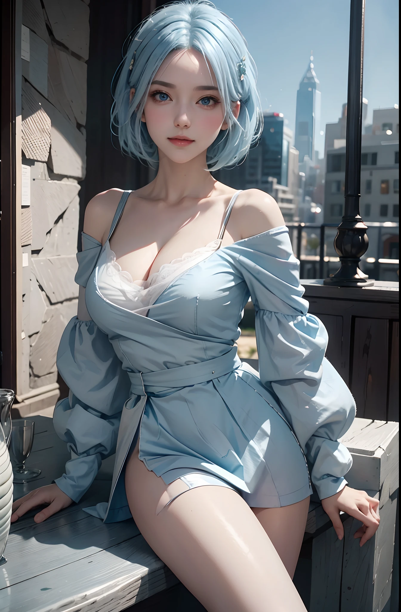 Light blue hair, hair bobbles, Very large breasts，cleavage，Off-the-shoulder attire，Short hair, Blue eyes, Smiling, Blushing,  wince, long eyelasher, solid circle eyes, Ear blush, Fang, doubt, In the city park, anime, shadowing, anaglyph, angle of view, Atmospheric perspective, Cinematic lighting, Close-up, 8K, Super detail, ccurate, Best quality, Living room