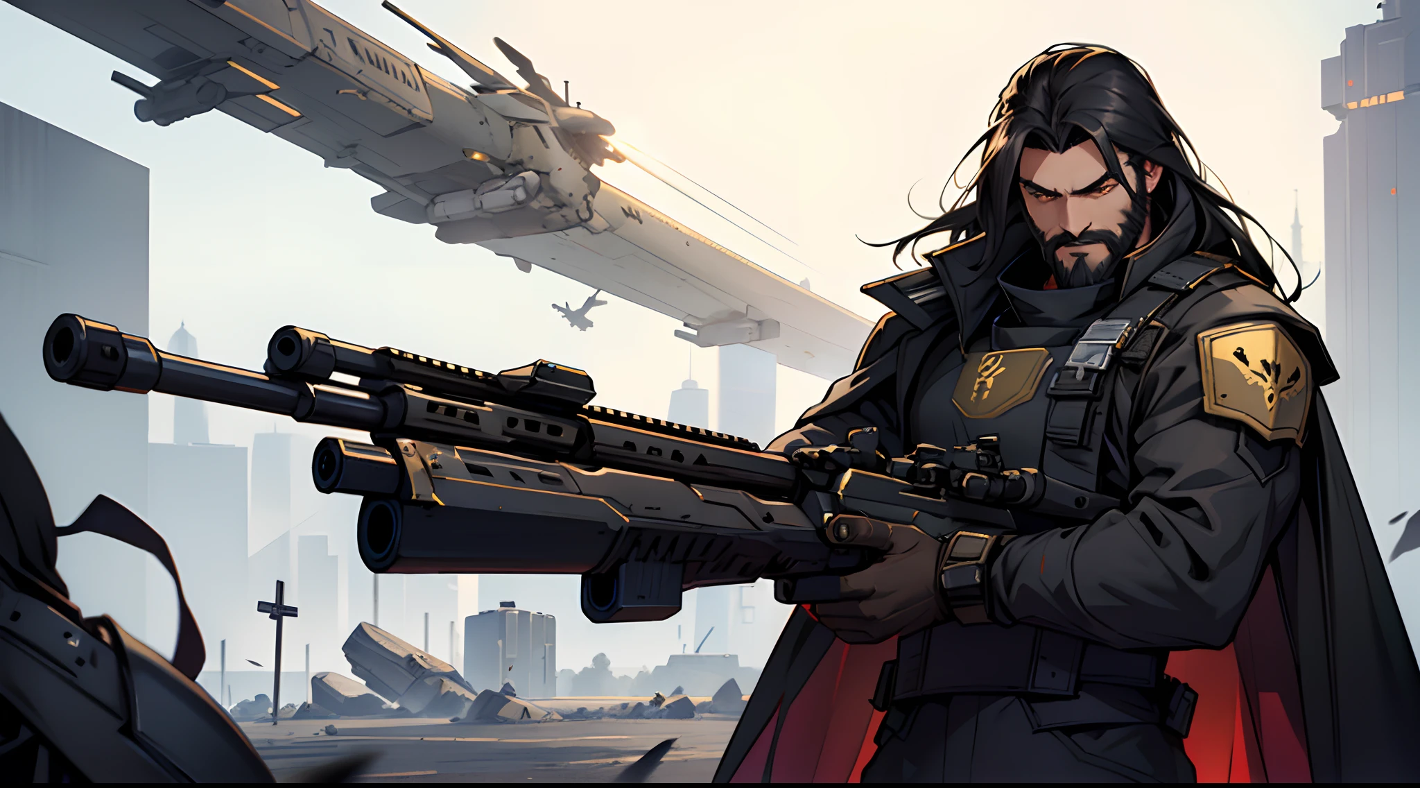 1 Man solo, he has a short black beard and he has long black flowing hair. he is Wearing futuristic armor with a cape. (Helldivers) Holding a rifle. shooting a gun.