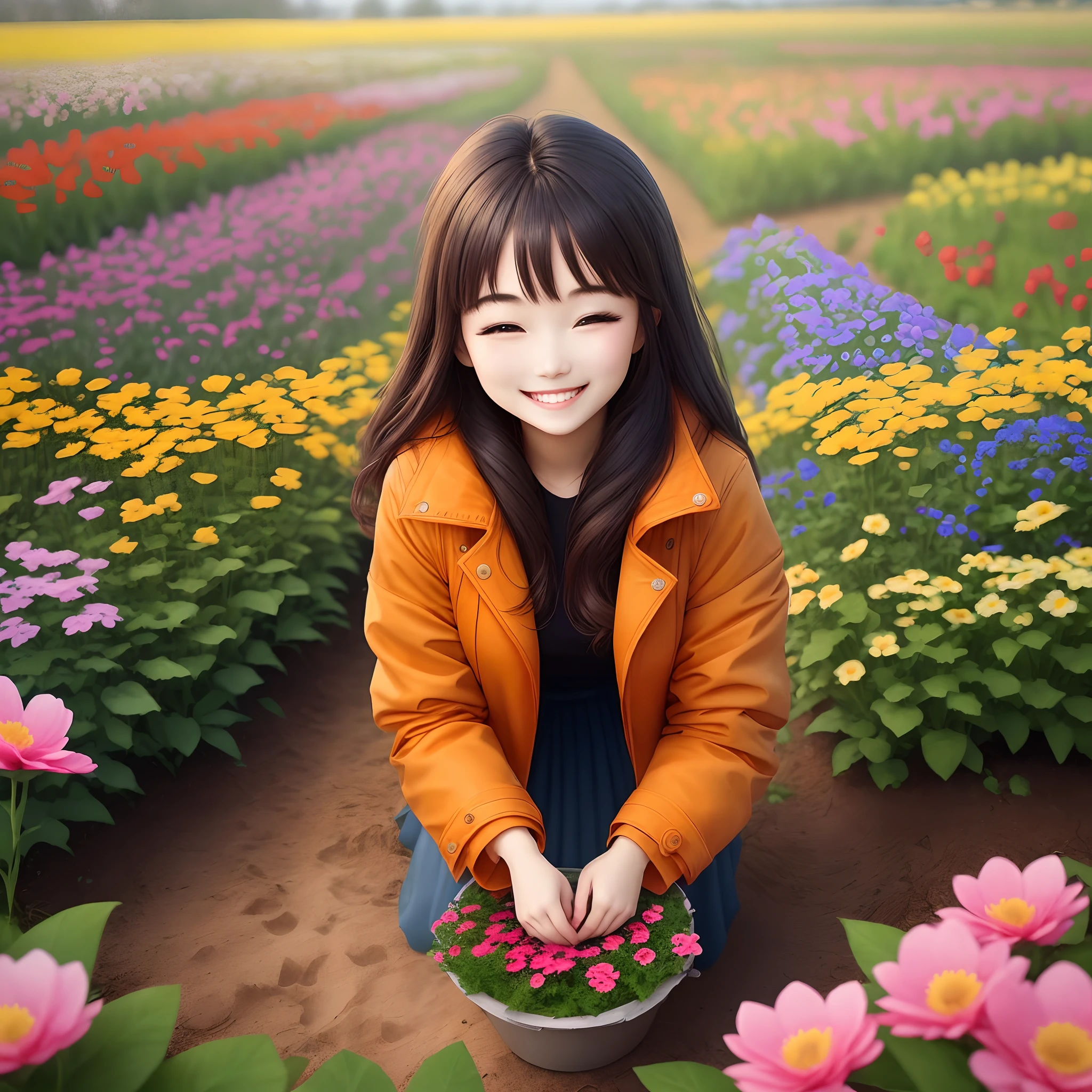 Winters,one-girl,Wearing an orange coat,In a sea of colorful flowers,I am working hard to plant a field of flowers,Beautiful flowers are being picked,Happy and bright smile,