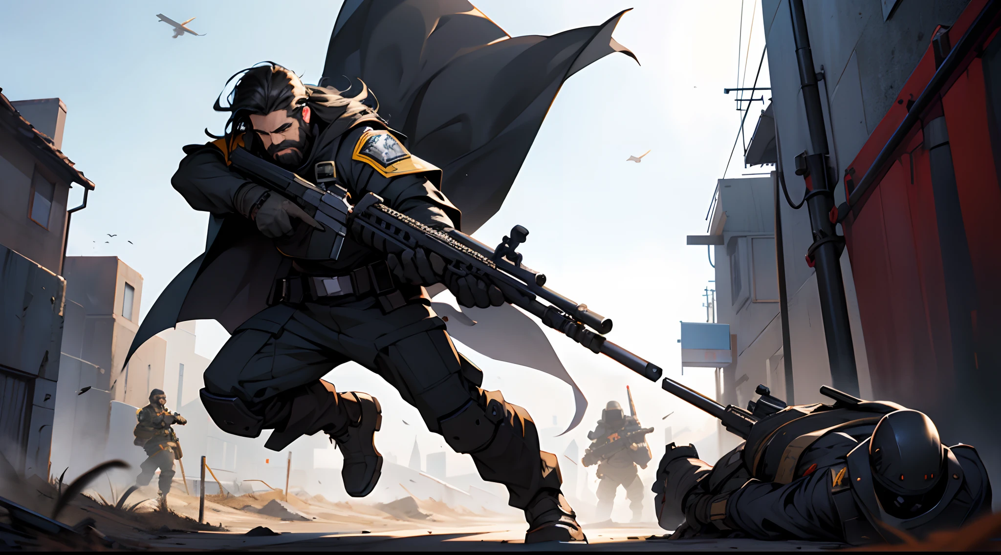 1 Man solo, he has a short black beard and he has long black flowing hair. he is Wearing futuristic armor with a cape. (Helldivers) Holding a rifle. shooting a gun.