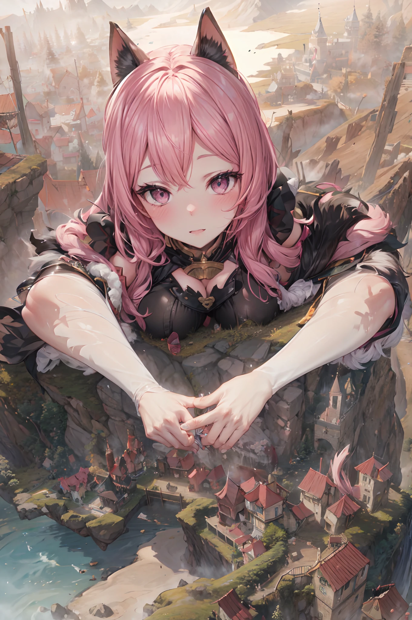 10k, fantasy, (giantess:1.2), hills
a giantess catgirl, :3, pink hair, pink eyes, huge breasts, all fours,
a tiny fantasy village from above, rivers, hills, landscape from above