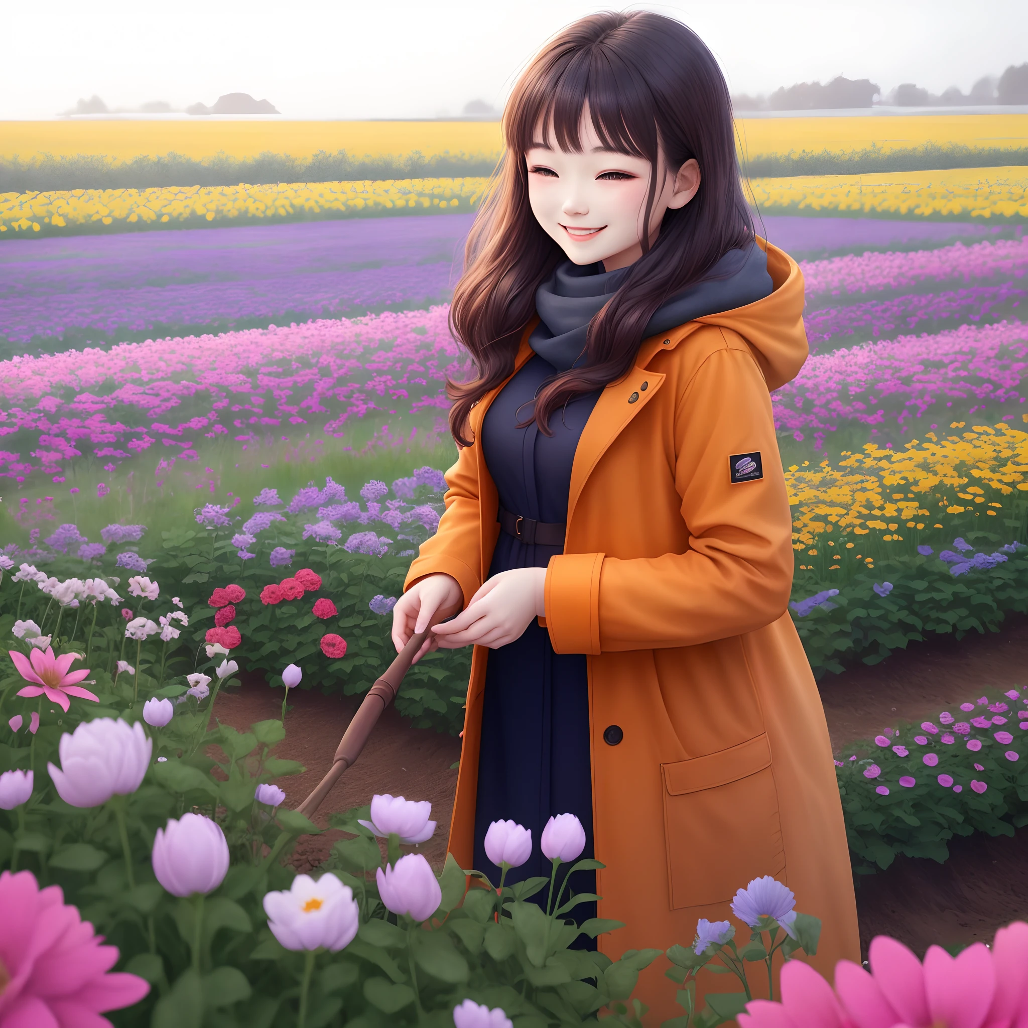 Winters,one-girl,Wearing an orange coat,In a sea of colorful flowers,I am working hard to plant a field of flowers,Beautiful flowers are being picked,Happy and bright smile,
