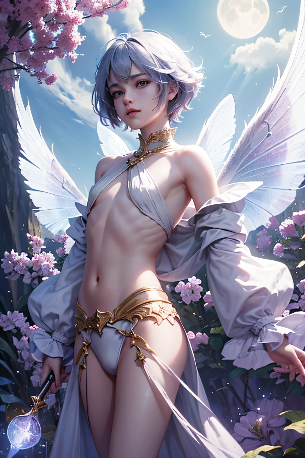 Unity 8k wall paper. Ultra Detail, Beautiful aesthetic, Masterpiece, 1boy, Femboy, ((Flat chest1.5)), Cute, Wings, Amazing majestic outfit, Fae, Fairy, Fairytale, Moon, Court of the moon, Commander, Magic, Magical, Boy, Bulge