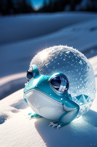 Ice Frog corpo feito de diamantes transparentes, Andar de quatro na vista da neve de baixo para cima