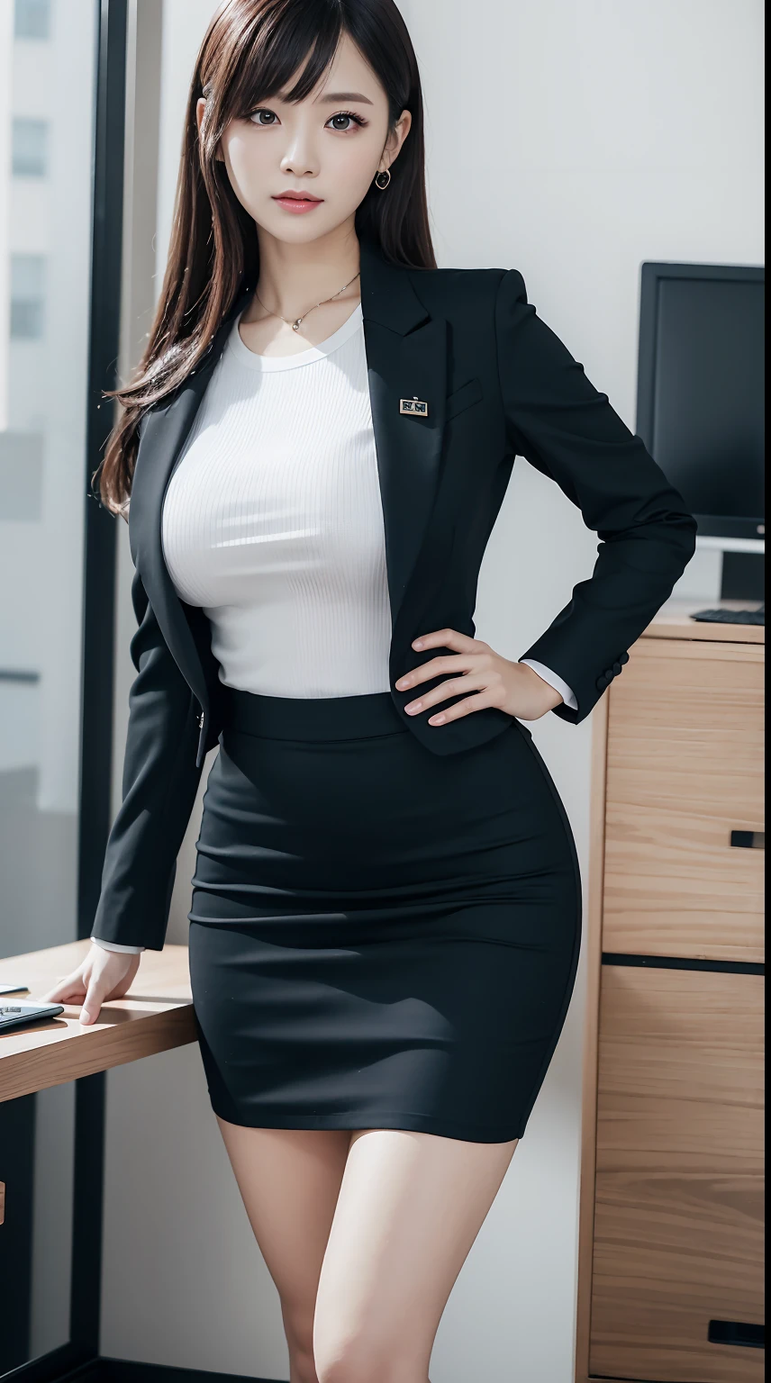 4k,8k,16k,32k,realistic, photorealistic, RAW photo,ultra realistic photo ,Best Quality, High Quality,Ultra Quality, 8K Portrait,CG unity 8k wallpaper, insanely detailed beautiful kawaii face,A Japanese Lady,20~40 years old ,large breast, voluptuous,(woman's Black Business Suit tight Skirt),frontage,full body shot,in IT office