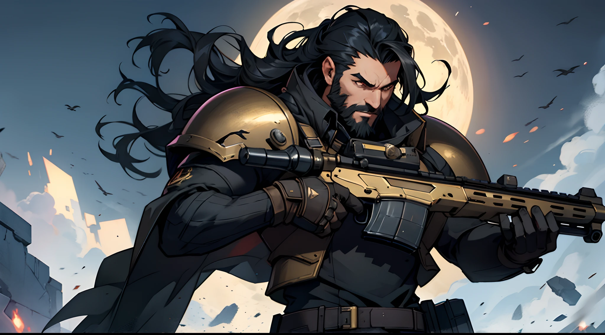 1 Man solo, he has a short black beard and he has long black flowing hair. he is Wearing futuristic armor with a cape. (Helldivers) Holding a rifle. shooting a gun.
