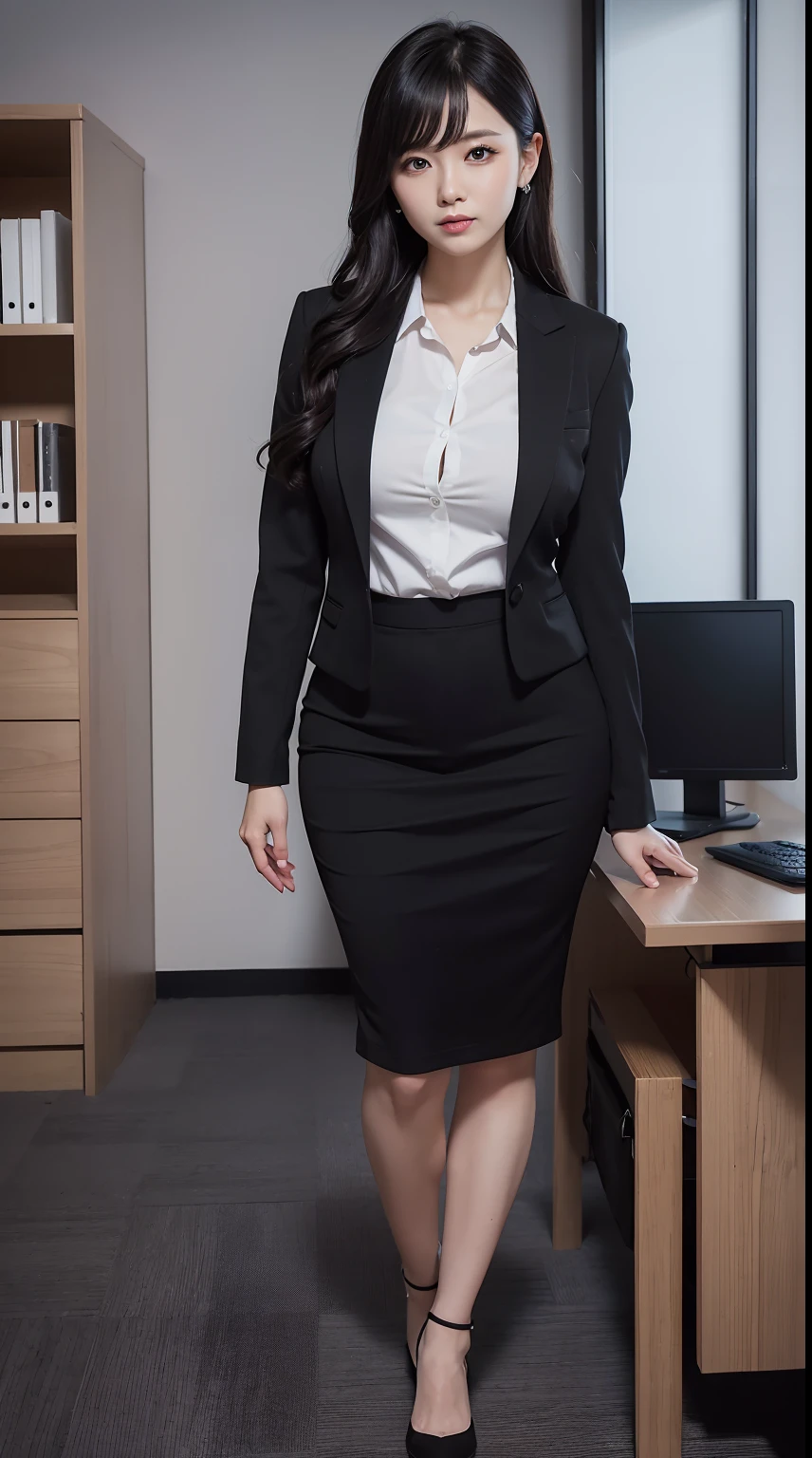 4k,8k,16k,32k,realistic, photorealistic, RAW photo,ultra realistic photo ,Best Quality, High Quality,Ultra Quality, 8K Portrait,CG unity 8k wallpaper, insanely detailed beautiful kawaii face,A Japanese Lady,20~40 years old ,large breast, voluptuous,(woman's Black Business Suit tight Skirt),frontage,full body shot,in IT office