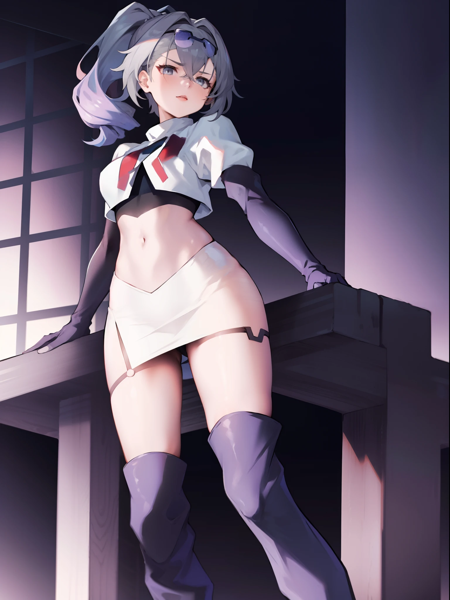 SilverwolfV5, grey eyes,team rocket,team rocket uniform,white skirt,crop top,black thigh-high boots,black elbow gloves,