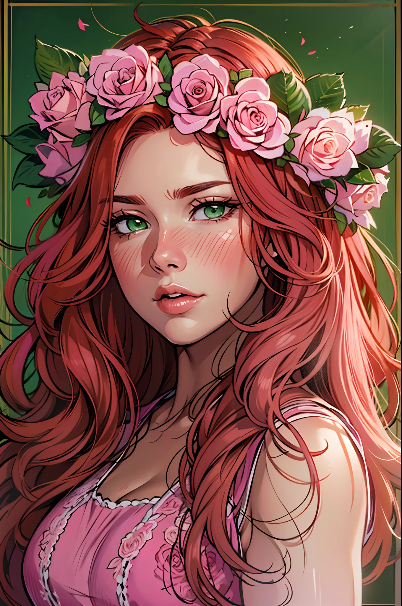 beautiful, fat, redhead, long hair, side part hairstyle, dark green eyes, flower crown, pink roses