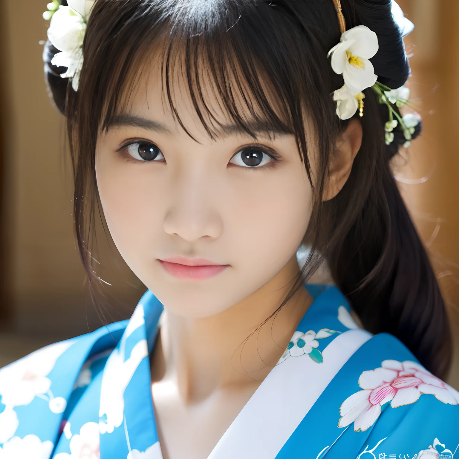 Best-quality, Masterpiece, Ultra-High-Resolution, (Photorealistic:1.4), Raw-Photo, Extremely-Details, Perfect-Anatomy, 1girl, 15-years-old, the most popular Japanese idol, portrait, extremely cute face like a very famous Japanese idol, extremely beautiful big black eyes, extremely beautiful black hair, extremely beautiful body, extremely beautiful white skins, wearing only gorgeous Japanese KIMONO, innocent smile, looking at viewer, detailed gorgeous Japanese KIMONO, detailed face, detailed eyes, detailed hair, detailed white skins