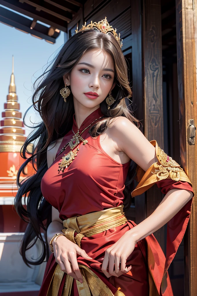 (raw photos:1.2), (realistic:1.4), (Masterpiece:1.3), (best quality:1.4), Ultra high resolution, (Detailed eyes), (Detailed facial features), (Detailed clothing features), HDR, 8K resolution, Focus only, Dressing according to Thai tradition, Strapless, Thai female warrior, Tabengman, 1 woman , big breasts, A gigantic rift, big breastsดันเสื้อผ้า, big breast, The breasts are fully grown.., Make your breasts bigger.., small waist, Long legs, Facing the audience, Full body, depth of field, Cinema-grade lighting system, big breasts, Your breasts are too big for your body., Revealing a flat stomach, The lower half of the chest can be seen.., sexy sitting position, Sitting on a palanquin, Image from a very low angle, holding an ancient sword