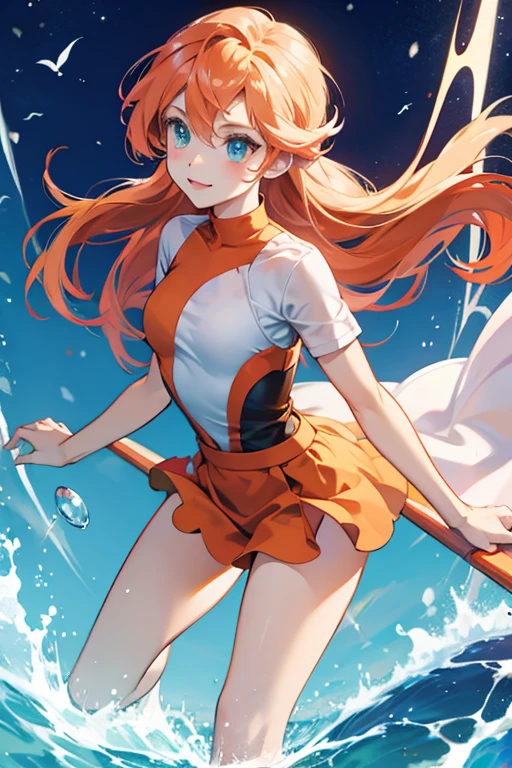(masterpiece, best quality:1.2), cowboy shot, (solo), (1girl):1.5, glasses, long fluffy pink hair, hair blowing, gorgeous, slight smile, (elegant swimswit), navel exposed, large breasts, breasts niples, cameltoe, on a ship at windy sea.