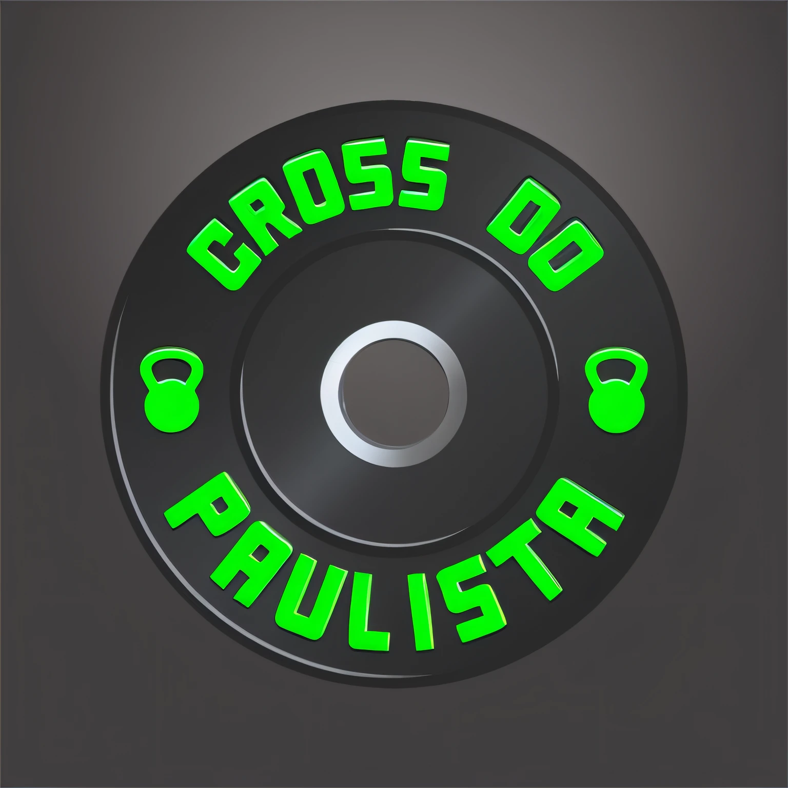 Um close up de uma anilha  preto e verde com as palavras cruzadas para Paulista, musculoso! CrossFit, athletic crossfit build, CD, Logotipo redondo, Directed by: Ludovit Fulla, curvy crossfit build,  Rounded logotype, Directed by: Giorgio Cavallon, Directed by: Paulus Decker, Ad image, Ps, Aptitude, logo arttype, local gym, teaser, Logo, Champion light glitter logo